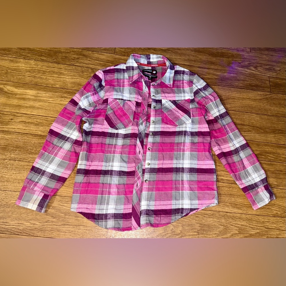 Canada Weather Gear Womens Pink Gray Flannel Shirt Size Medium